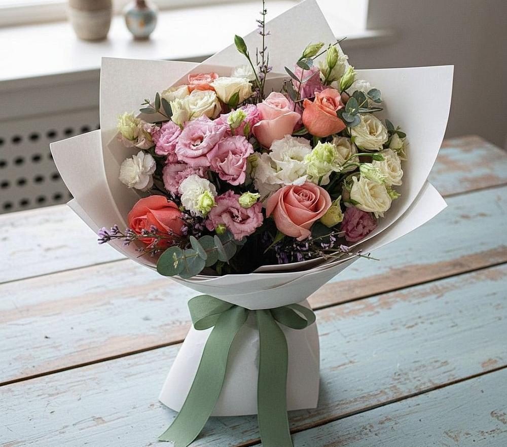 Букет цветов из: Розы, Лизиантусы и Гвоздики в Большое Буньково